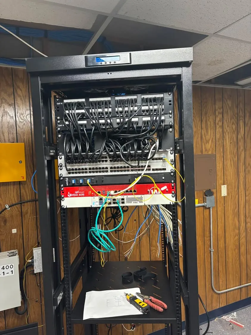 Network rack with new data drops at the Crowley pole plant