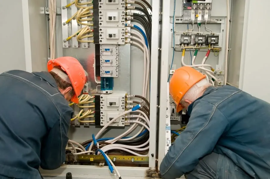 Two techs wiring a control panel in Fort Worth